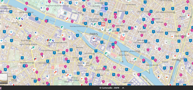 PARIS : copie-écran extraite du site de Cartoradio-ANFR (Agence Nationale des Fréquences Radio)