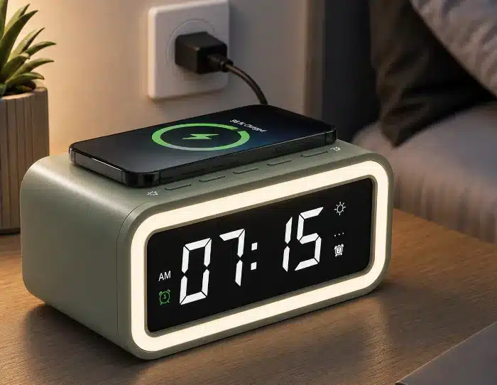 Radio-réveil  branché sur le secteur + chargeur à induction, sur une table de chevet...